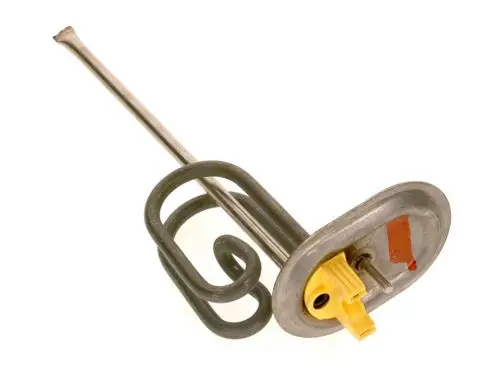 Heizelement in metallischer Ausführung mit einer gewundenen Form und einem Anschluss mit gelbem Stecker, hergestellt von Bosch.